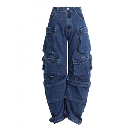 Solid Color Multi-pocket Loose Jeans Women-s High Street Retro Hip-hop Wide-leg Pants Casual Straight High-waisted Jeans Women