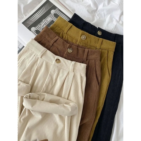 Zoki High Waist Women Retro Corduroy Pants Fall Straight Causal Full Length Trousers Vintage Coffee Pockets All Match Pants New