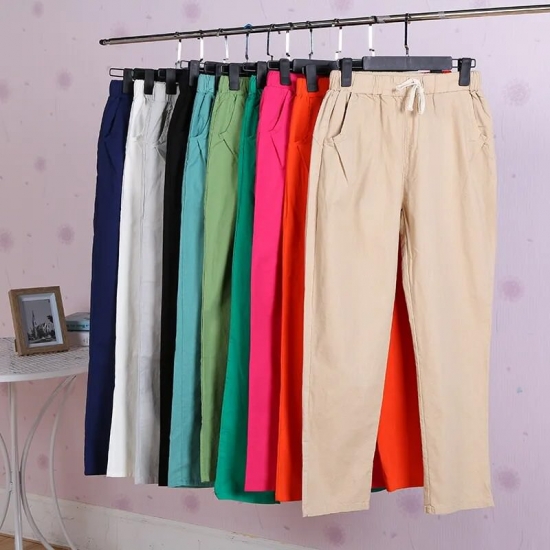 2023 Women Pants Spring Summer Harem Pants Cotton Linen Solid Elastic Waist Harem Trousers Soft High Quality For Female Ladys