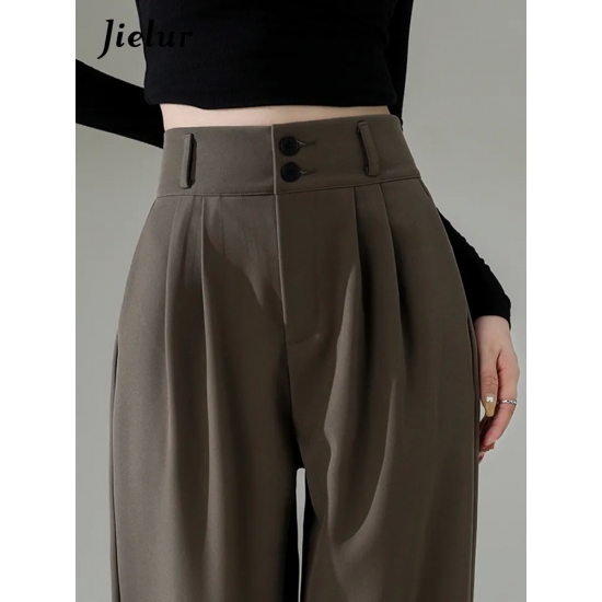 Jielur High Waist Wide Leg Pants For Women New Loose Straight Coffee Trousers Autumn Double Buttons Casual Suit Pants Female