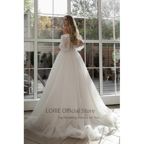 Lorie Glitter Wedding Dresses Puff Sleeve Appliques Lace 3D Flowers Off Shoulder Tulle Boho Bride Gown 2021 Vestidos De Novia