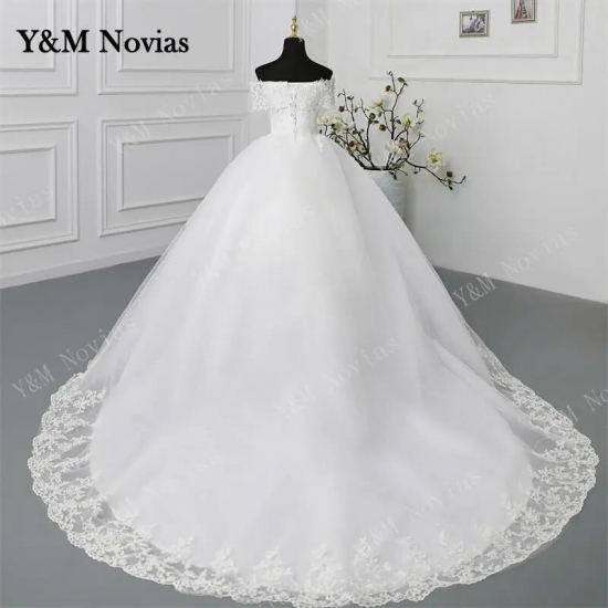 Y-amp;M Novias Off Shoulder Plus Size Vestido De Noiva 2023 Wedding Dress Long Train Or Floor Appliqes Pearls Bridal Tulle Mariage