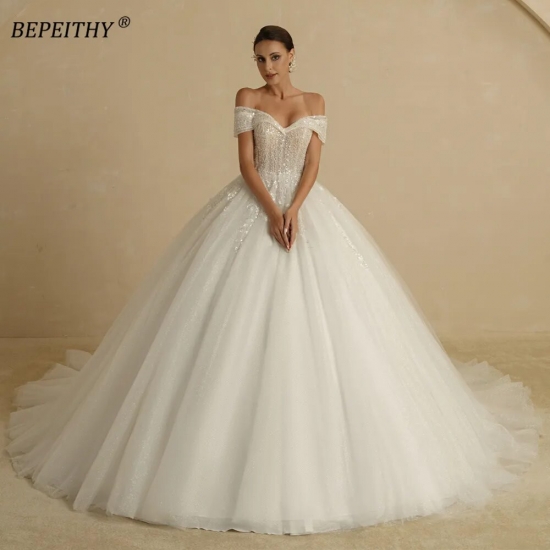 Bepeithy Ivory Beading Princess Wedding Dresses 2022 For Bride Off The Shoulder Sleeveless Women Glitter Ball Bridal Gown Robes