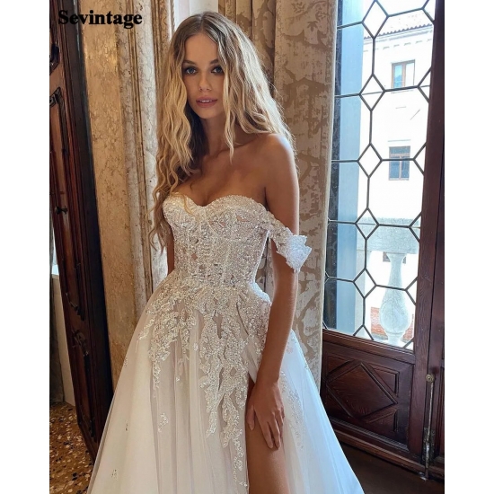 Sevintage Boho Wedding Dresses Crystal Beading Off The Shoulder Lace Appliques A-line Wedding Gown Sweetheart Bridal Gown