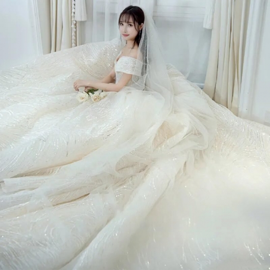 Luxury Sequins Wedding Dress Classic Boat Neck Bridal Gown Off The Shoulder Vestido De Noiva Robe De Mariee Customize