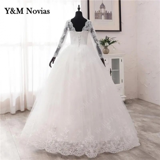 New Spring Lace Appliques Wedding Dresses Long Sleeve Vestidos De Novia 2023 White V-neck Princess Bride Wedding Gowns Plus Size