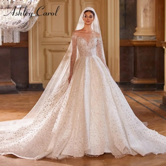 Ashley Carol Luxury Wedding Dresses For Women 2023 Bride Long Sleeve Princess Sparkling Beaded Bridal Dress Vestidos De Novia