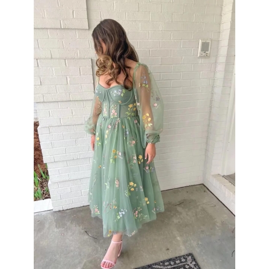 Romantic Vintage Green Prom Dress Princess Puff Long Sleeve Floral Embroidery Women Evening Dress Cocktail Girls Birthday Outfit