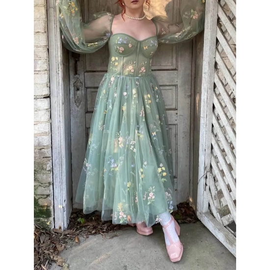 Romantic Vintage Green Prom Dress Princess Puff Long Sleeve Floral Embroidery Women Evening Dress Cocktail Girls Birthday Outfit