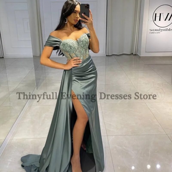 Thinyfull Sexy Prom Evening Dresses Long Off The Shoulder Party Dress 2021 Appliques High Split Cocktail Gown Saudi Arabia Dubai