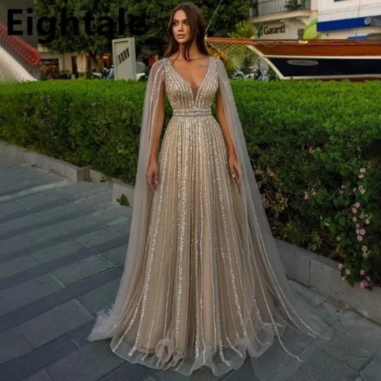 A Line Shinning V Neck Evening Dresses For Wedding Party Long Luxury 2022 Sequined Formal Prom Dress Dubai Party Gown