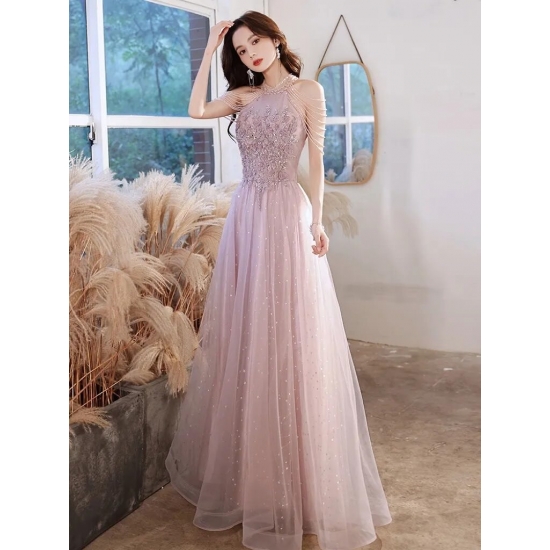 Elegant Pink Celebrity Dress Sequins Beading Halter With Tassel Sleeve A Line Exquisite Floor Length Prom Evening Gowns