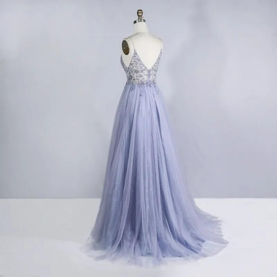 Beaded Crystal Prom Dresses 2023 Long Sexy See Through A-line Split Tulle V Neck Spaghetti Strap Evening Formal Gown