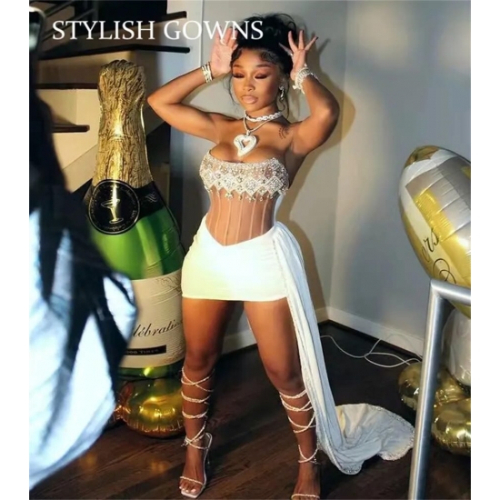 Sexy Velvet Strapless Short Prom Dresses For Black Girls Crystal Beaded Birthday Party Dress Illusion Mini Cocktail Homecoming