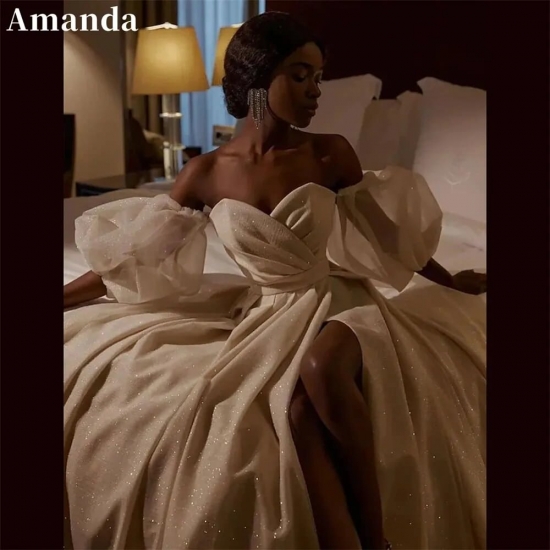 Amanda Gorgeous Puffy Sleeve Vestido De Novia Shiny A-line Prom Gown Sexy Side High Split Prom Dress Glitter فستان سهرة