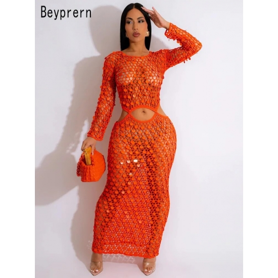 Beyprern New Chic Mother Of Pearl Crochet Cover Up Dress For Women Summer Hollow Out Sequins Beach Dress Vacation Outfits
