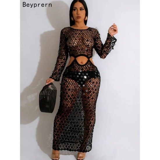 Beyprern New Chic Mother Of Pearl Crochet Cover Up Dress For Women Summer Hollow Out Sequins Beach Dress Vacation Outfits