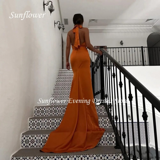 Sunflower Halter Prom Gown Mermaid Evening Dress Simple Slim Sleeveless Satin Party Dress 2023 Floor-length Sweep Train