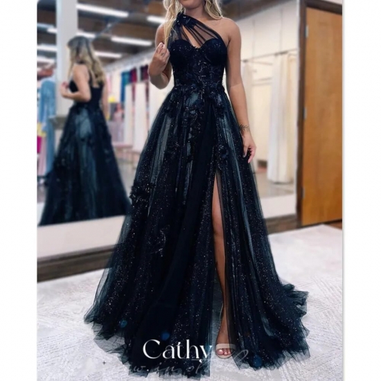 Cathy Sparkling Tulle A-line Prom Dress Dark Blue Evening Dress Sexy One Shoulder Side Split فستان سهرة Princess Party Dress
