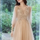 Exquisite Puff Half Sleeve V-neck Evening Dresses Embroidery Appliques Wedding Party Vestidos Mesh Tiered Slim Waist Prom Robe