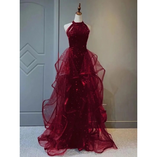 Burgundy Sequin Mesh Patchwork Evening Dress Sexy Halter Strapless Trailing Party Dress Elegant Wedding Formal Prom Gowns