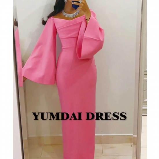 Yumdi Pink One-shoulder Ball Gown Sexy Tight Crepe Evening Gown With Floor-length Long Sleeves Salon Party Dubai Gorgeous Gown