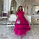 Fuchsia Tulle A Line Evening Dresses Pleats Strapless Arabic Dubai Prom Party Dress Ankle Length Celebrate Event Gowns