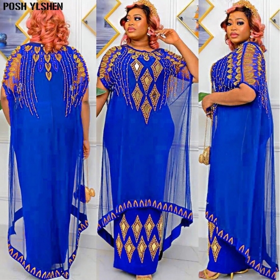 Fake Two-piece African Dresses For Women 2023 Traditional Nigeria Mesh Hot Drill Caftan Dress Abaya Musulman Robe Femme Clothes