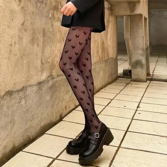 Lolita Cute Anime Black Love Heart Print Tights Gothic Women Sexy Punk Dark Fishnet Mesh Goth Pantyhose Costumes Body Stockings