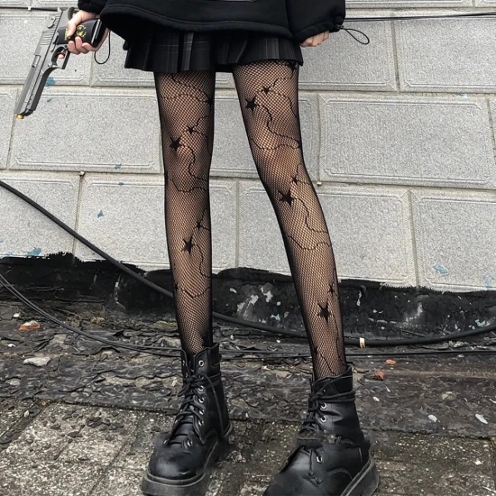 Lolita Cute Anime Black Love Heart Print Tights Gothic Women Sexy Punk Dark Fishnet Mesh Goth Pantyhose Costumes Body Stockings