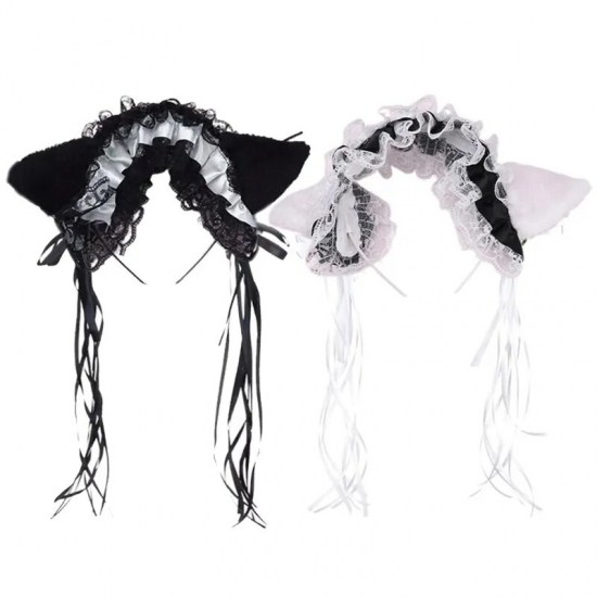 Gothic Lolita Maid Women Girl-s Ruffles Lace Headband Plush Cat Ears Ribbon Bell Lolita Cosplay Hair Hoop