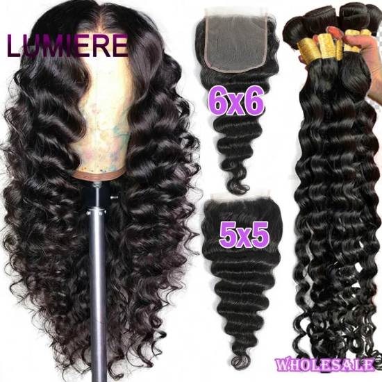 38 40 Inch Loose Deep Wave Human Hair Bundles With 4X4 5X5 6X6 Hd Lace Closure Brazilian Hair Weave Bundles With Closure Frontal