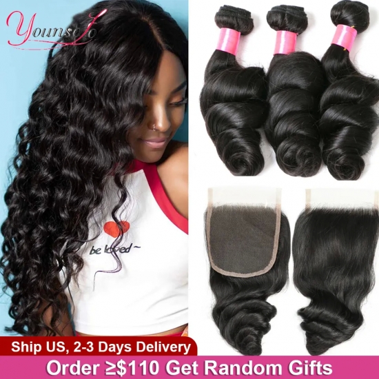 Younsolo Human Hair Loose Wave Bundles With Closure Brazilian Human Hair 3-4 Bundles With Lace Closure Loose Wave Hair Extension