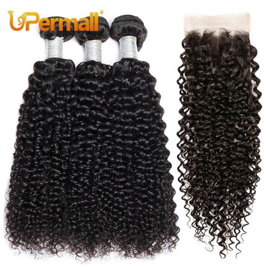 Upermall 3-4 Brazilian Remy Kinky Curly Human Hair Bundles With Closure Transparent 4X4 Lace Closure And Weave Bundle 10A Soft