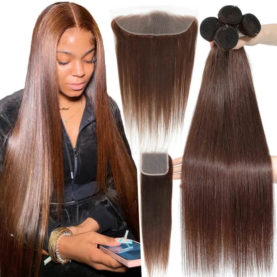 12A 10-quot;-32-quot; #4 Chocolate Brown Straight Human Hair Bundles With Closure Frontal Raw Brazilian Hair Weave Bundles With Closure