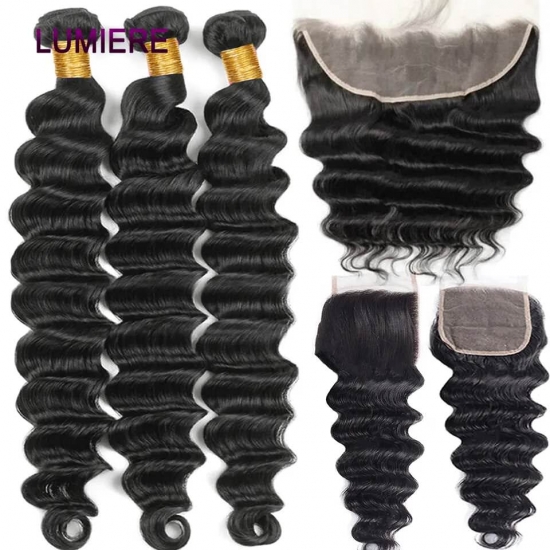 Peruvian Loose Deep Wave Bundle With Closure Human Hair 3-4 Bundles With Frontal Closure Hd Transparent Lace Frontal With Bundle