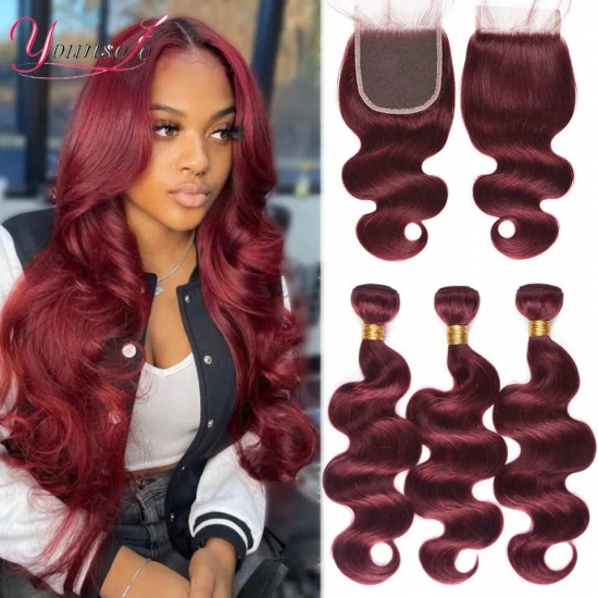 Burgundy Human Hair Bundles With Closure 99J Body Wave Bundles With Lace Closure Brazilian Red Body Wavy Hair With 4 X4 Closure