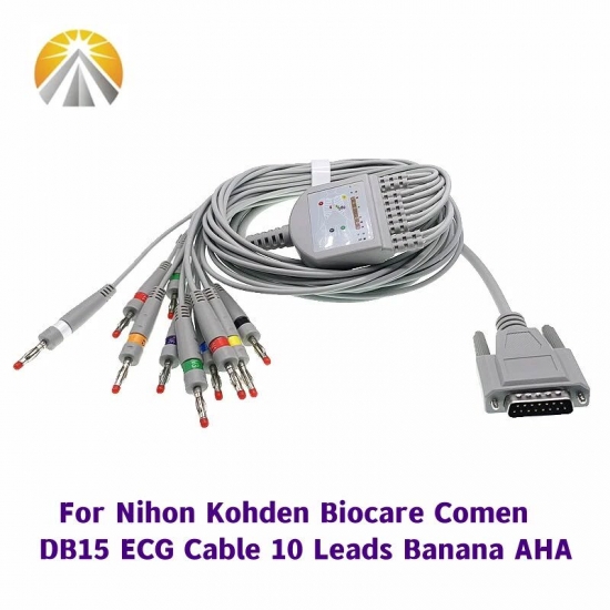 Ecg Ekg Cable One Piece 10 Lead Wires Db 15 Pin Plug Banana 4-0 End Aha-Iec Aami Standard For Nihon Kohden Biocare Ecg Machine