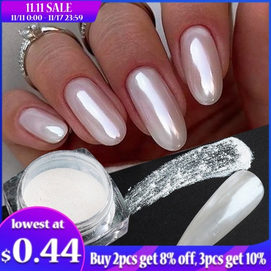 White Chrome Pearl Nail Powder Shimmer Glitter Wedding Bride Nail Design Aurora Rubbing Dust Mirror Effect Fairy Powder Gly459