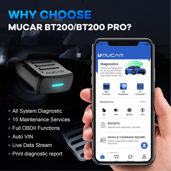 MUCAR BT200-BT200 Pro OBD2 Bluetooth Diagnostic Tool Full System Diagnose Oil SAS 15 Reset OBD 2 Scanner for All Car Code Reader