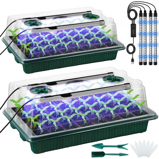 2 Packs, Seed Starter Trays With High Dome Germination Kit - 80 Cells, 4 LED Grow Lights, Smart Timer -amp; 3 Modes For Home Gardene
