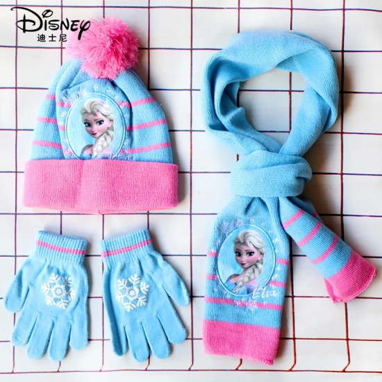 Disney New Autumn and Winter Cute Children Ice and snow Elsa Cartoon Scarf Hat glove three-piece Warm Boy Girl Child hat