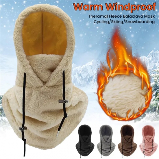 Thermal Sherpa Fleece Hood Ski Mask Winter Balaclava for Cold Weather Clearance Windproof Adjustable Warm Hood Cover Hats Scarf