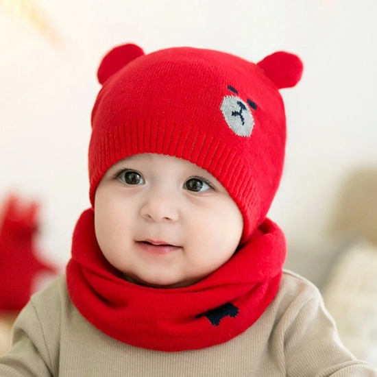 Baby Beanies Two-piece Warm Winter Wool Hat Scarf Set Thickened Boys Girls Scarfs Knitted Hat For Infant Kids 0-8 Month