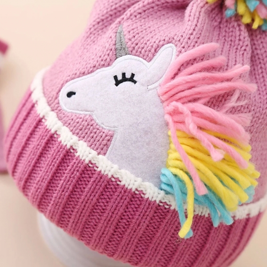 Children-s Winter Caps Cartoon Unicorn Knitted Hat Gloves Set Winter Girls- Warm Beanie Mitten Set For Kids 2-6 Years
