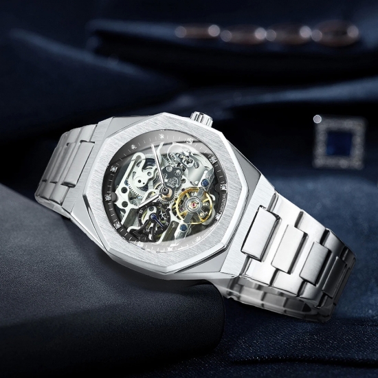 Forsining Silver Automatic Watch Men 3D Diamond Dial Irregular Tourbillon Skeleton Mechanical Wristwatches Luminous Hands Clock
