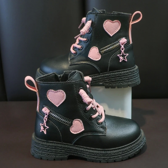 Girls Boots Kids Fashion Rubber Boots Cool Girl Autumn and Winter Cotton Soft Sole Pink with Love Side Zip Princess Round-toe PU