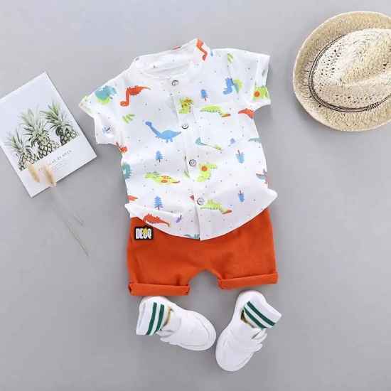 Infants and Toddlers Covered in Printed Cartoon Dinosaur Stand-up Collar Shirt Short Sleeve 2 Piece Set