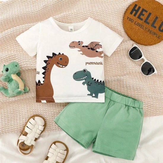 0-3 Years Infant Baby Boy 2PCS Set Cartoon Dinosaur White Short Sleeve Top+Brown Shorts Cute Sport Style Handsome Fashion Outfit