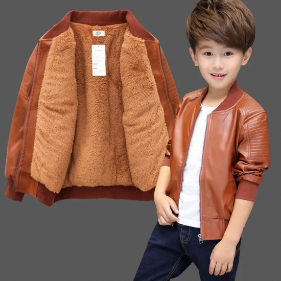 Boys Coats Autumn Winter Fashion Children-s Plus Velvet - No Velvet Two styles Warming Cotton PU Leather Jacket For 1-11Y Kids